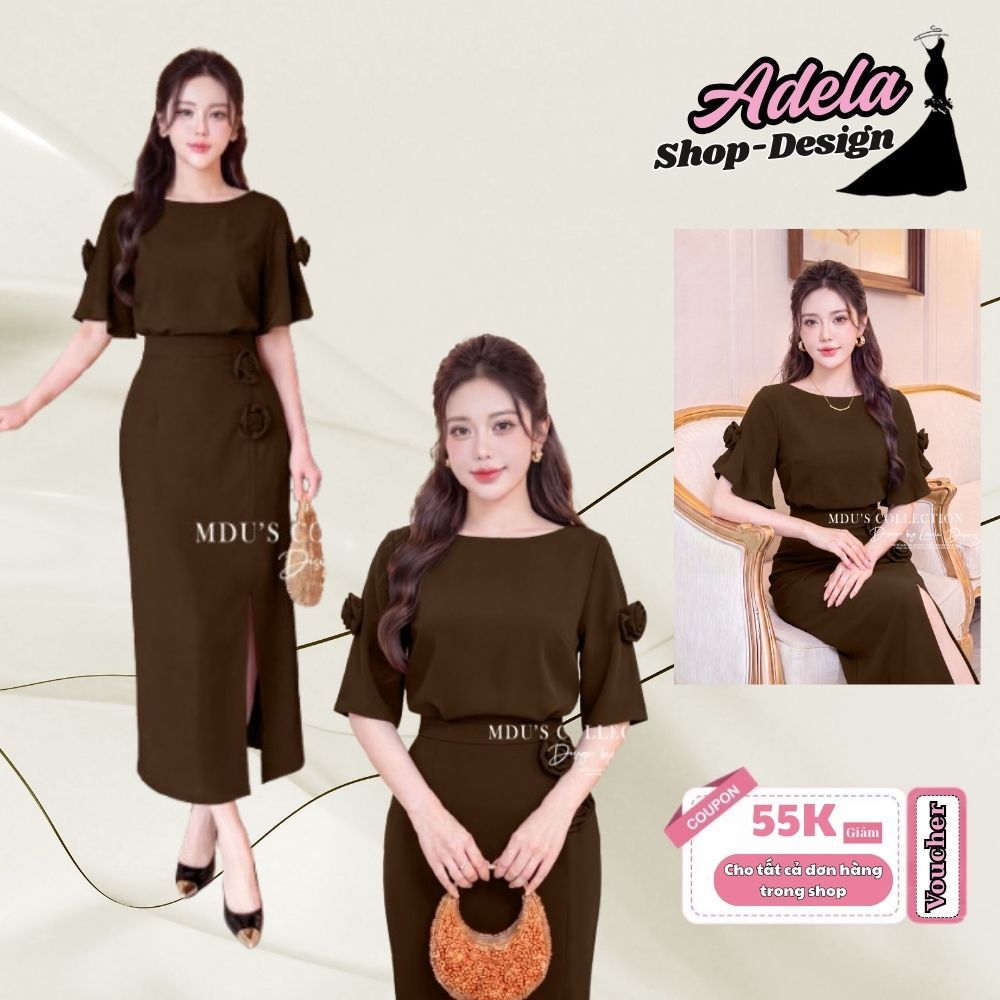 Set Váy Thiết Kế ADELA DESIGN Lụa Ngọc Dáng Bút Chì Xẻ Tà Nâu Socola MDU6525