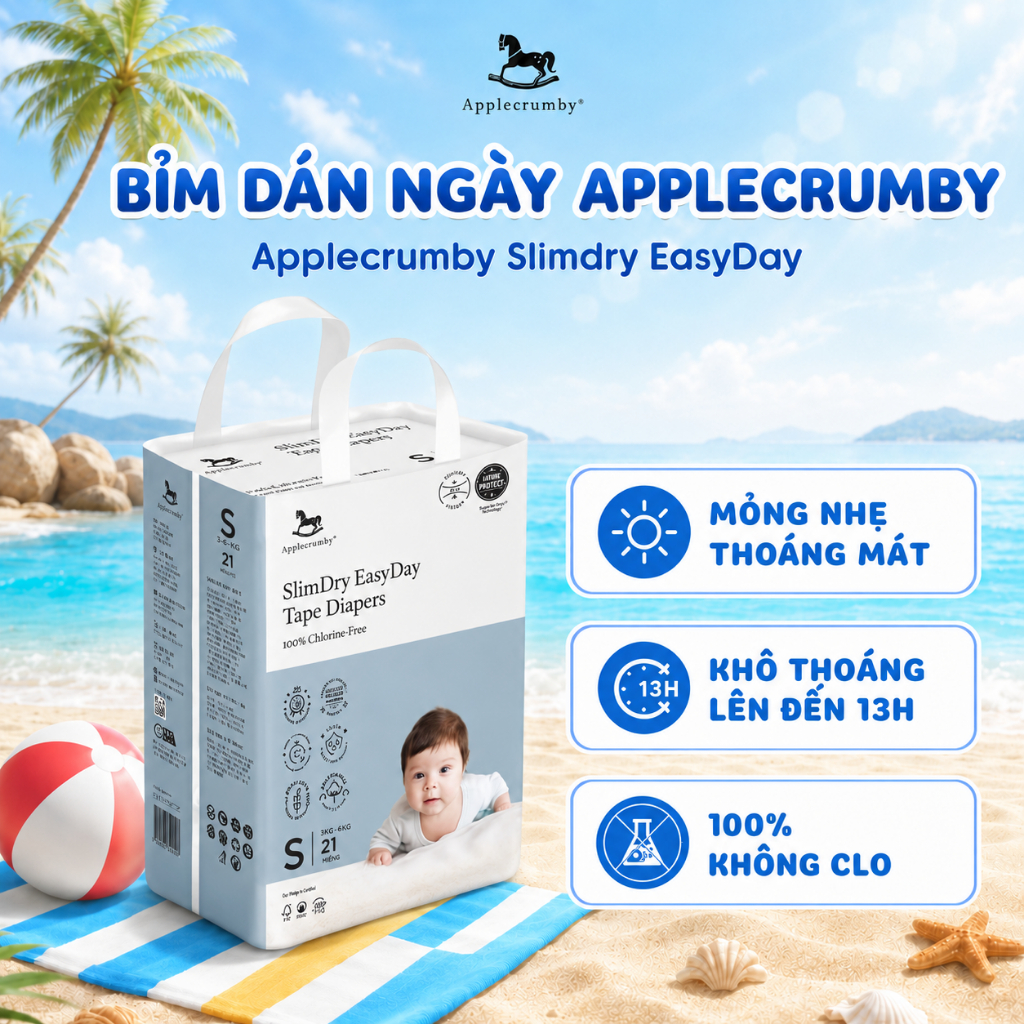 Bỉm tã dán ngày Applecrumby Slimdry Easyday Tape size NB - XL  mỏng nhẹ thoáng khí thoải mái và êm ái cho bé