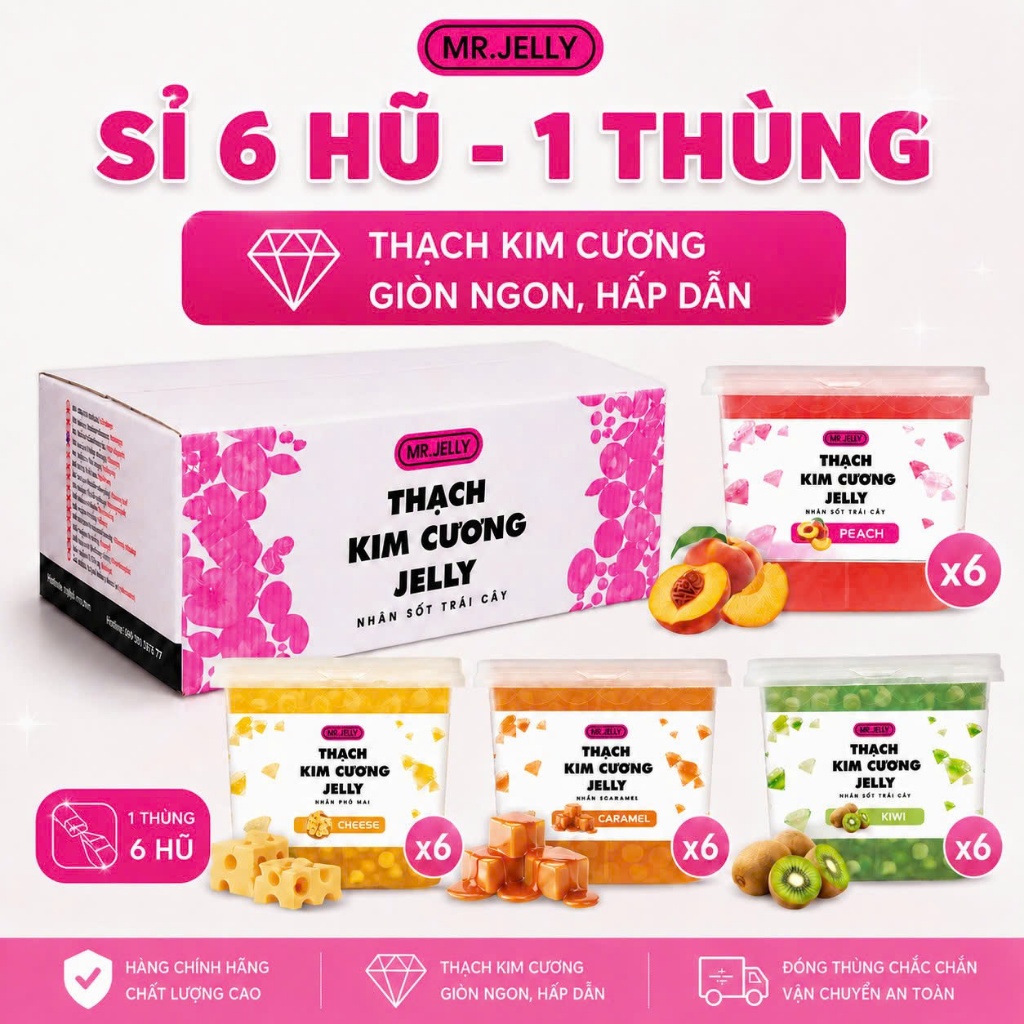 Sỉ 1 Thùng Thạch Kim Cương Mr Jelly 14 Vị, 6 Hũ Thạch Nhân Sốt Topping Trà Sữa Trà Trái Cây Pha Chế Tiện Lợi - Hỏa tốc