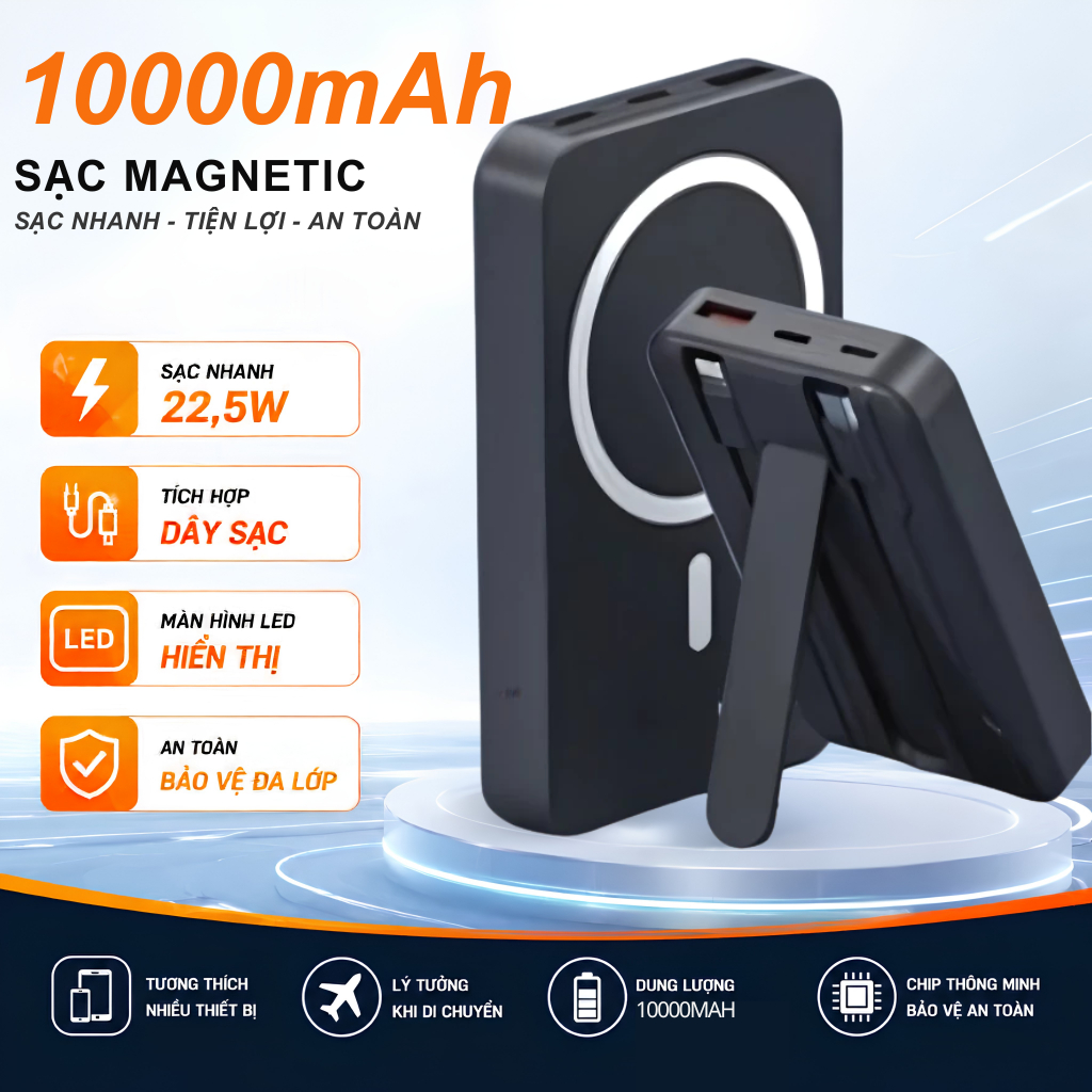 Sạc Dự Phòng Không Dây 10000mAh Tích Hợp 2 Dây Sạc Nhanh PD, Sạc dự phòng kiêm giá đỡ
