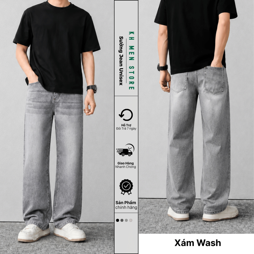 Quần Jean Nam Ống Suông Rộng Màu Wash Vintage Chất Jean Mềm, Cạp Cao, Phong cách Retro Đường phố - KH.Men