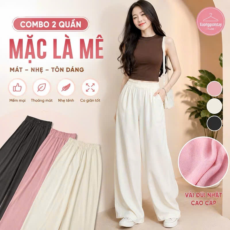 Quần Ống Rộng Nữ Vải Đũi Mát Loại Đẹp Siêu Hót Nhiều Màu, Bản Cạp Cao Lên From Xinh Dài 95-100cm MA277