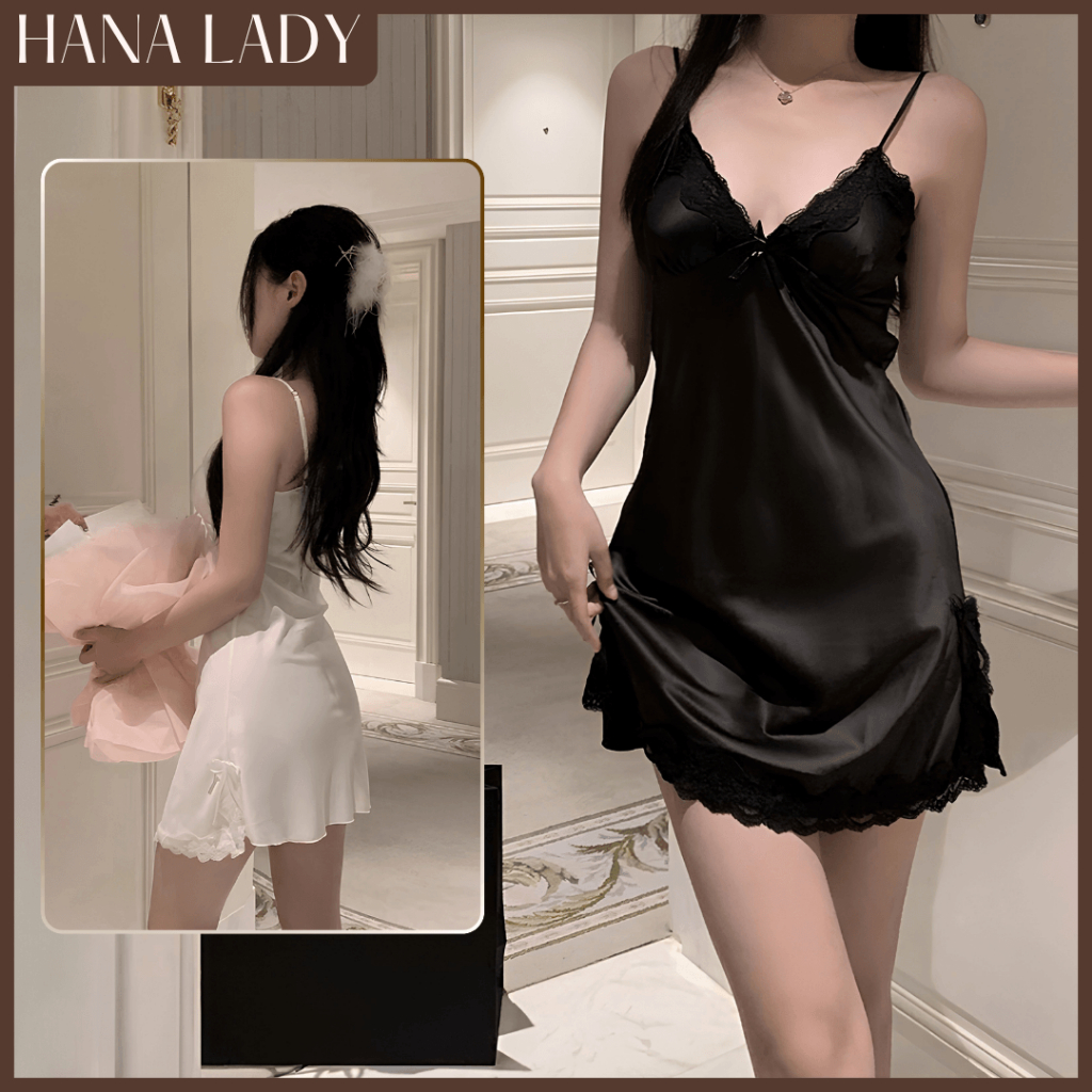 Váy Ngủ Lụa Hai Dây, Đầm Ngủ Lụa Satin Phối Viền Ren Xẻ Tà Tinh Tế Sang Trọng HanaLady - VN028