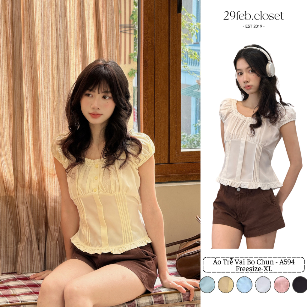 Áo thô tay bồng trễ vai kèm dây buộc eo, áo kiểu nữ mùa hè có tay bồng buộc eo - 29feb.closet - A594
