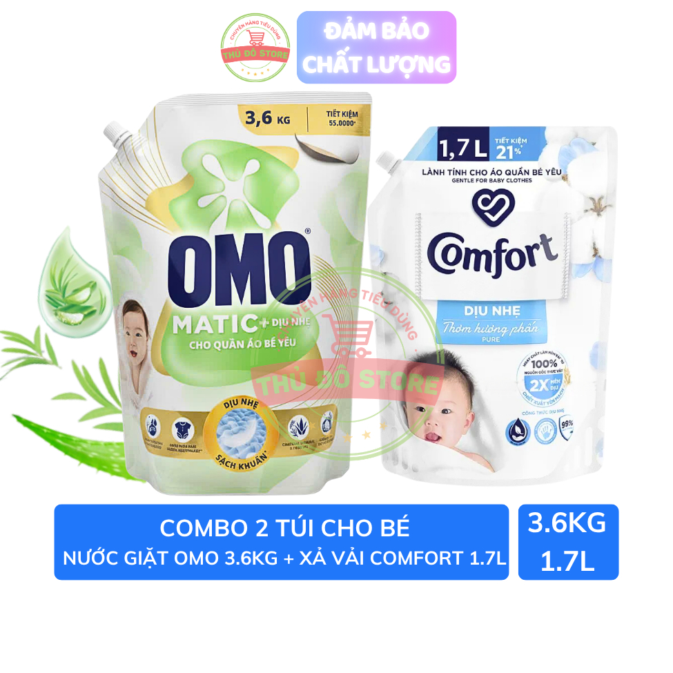 Combo Túi Nước Giặt OMO Matic Cho Quần Áo Bé 3.6KG + Nước Xả Vải Comfort Dịu Nhẹ Thơm Hương Phấn Cho Quần Áo Bé 1.7L