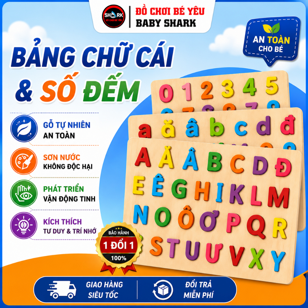 Bảng chữ cái tiếng việt, bảng chữ cái gỗ nổi chữ và số cho bé, kích thước 30x22cm, giúp bé phát triển tư duy