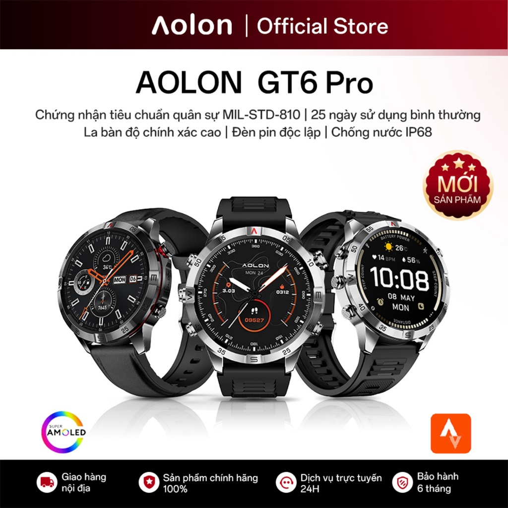 Aolon GT6Pro Đồng Hồ Thông Minh Mới Màn hình AMOLED 1,51 inch (60Hz) Thời lượng pin 25 ngày Chống nước IP68 La bàn