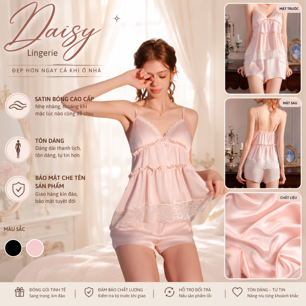 [Hỏa Tốc, Bảo Mật] Bộ Đồ Ngủ Lụa 2 Dây Pyjama Dễ Thương Có Mút Ngực Phối Ren Quần Short - Mã VN159