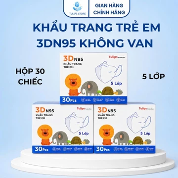 Khẩu trang trẻ em không van 3D N95 Tulips (Hộp 30 Cái), khẩu trang trẻ em kháng khuẩn & bụi mịn PM2.5, an toàn cho bé
