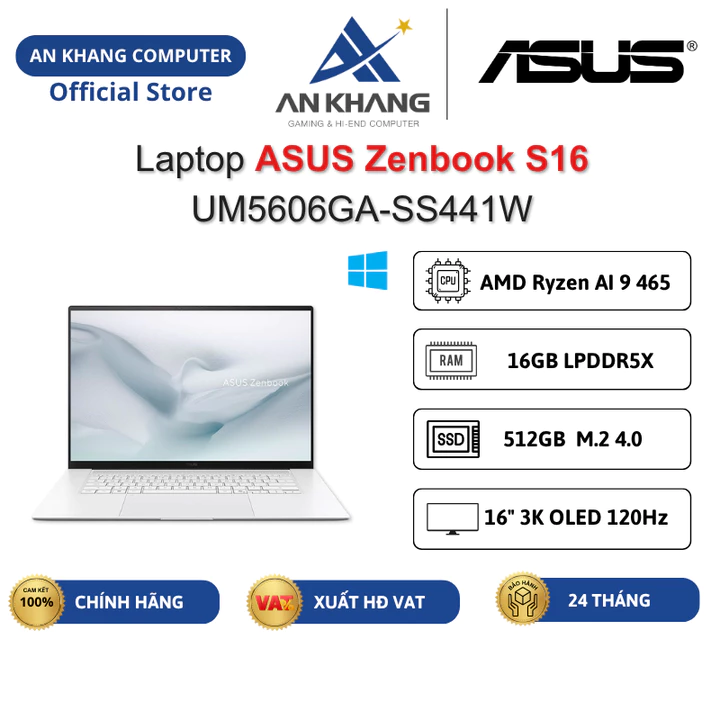 Laptop ASUS Zenbook S16 UM5606GA-SS441W (Ryzen AI 9 465/ 16GB/ 512GB SSD/ 16" 3K/ Win 11) Chính hãng Bảo hành 24 Tháng