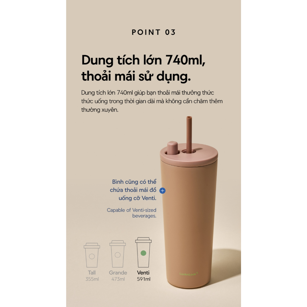Ly giữ nhiệt thép phủ sứ LocknLock LHC4156 740ml, hàng chính hãng, ống hút bật tự động kèm nắp che  - JoyMall | BigBuy360 - bigbuy360.vn