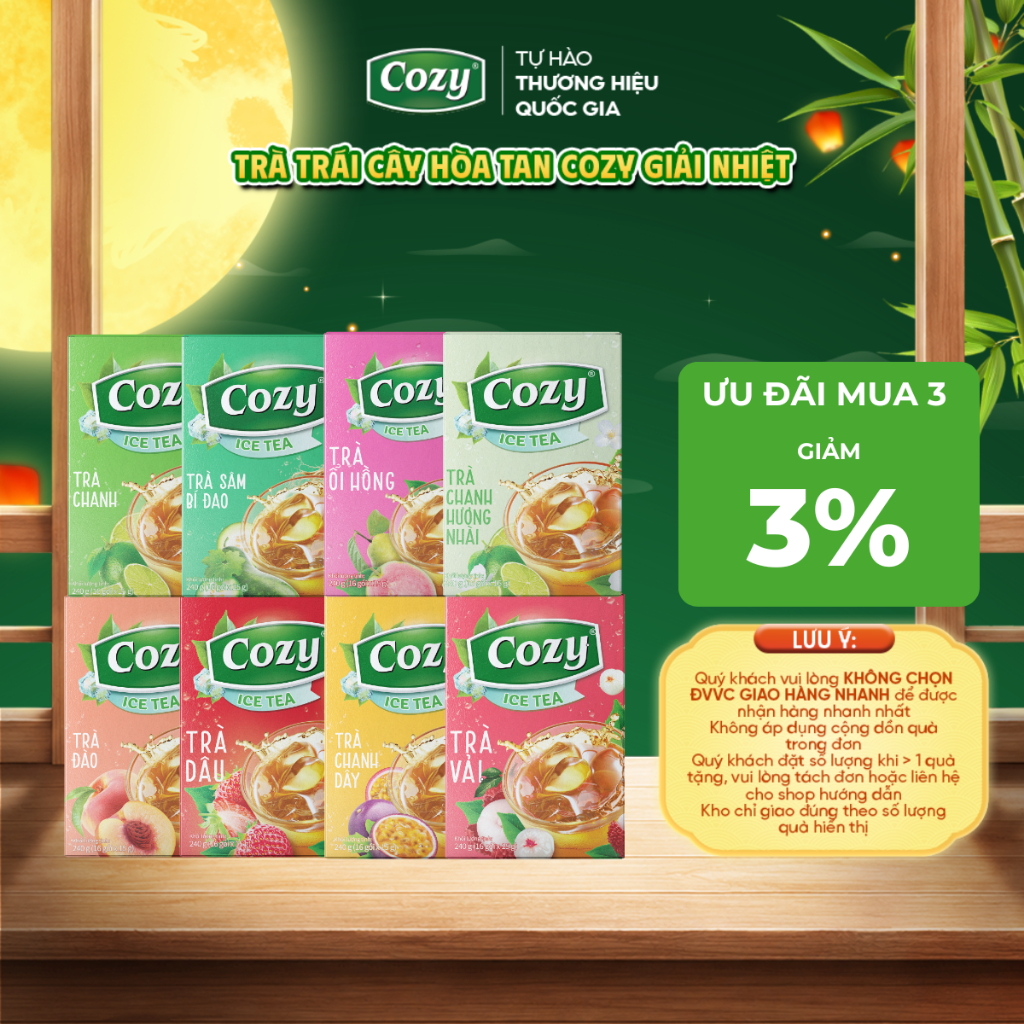 Trà Cozy Trà Đen Hòa Tan Các Vị Trái Cây Trà Đào, Gừng, Chanh, Vải, Dâu, Ổi hồng, Chanh dây, Sâm Bí Đao