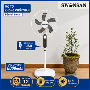 Quạt cây sạc tích điện SWONSAN sải cánh 40cm | Quạt đứng sạc tích điện có đèn LED chiếu sáng và cổng sạc USB tiện lợi