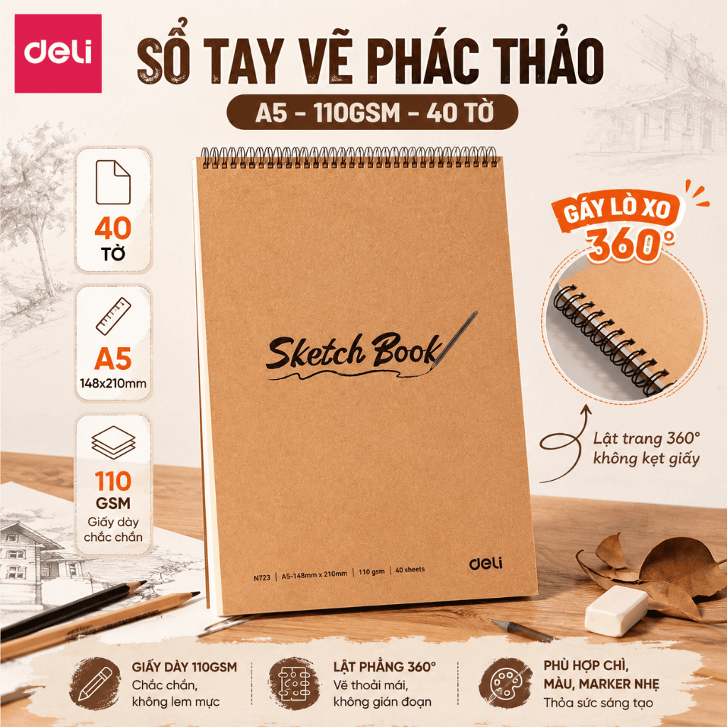 S Tay Vẽ Phác Thảo Deli Chuyên Nghiệp giấy Kraft lật ngang - A5-110g-40 t- Sketchbook Giấy Trơn Gáy Xoắn Ngang Và  Dc