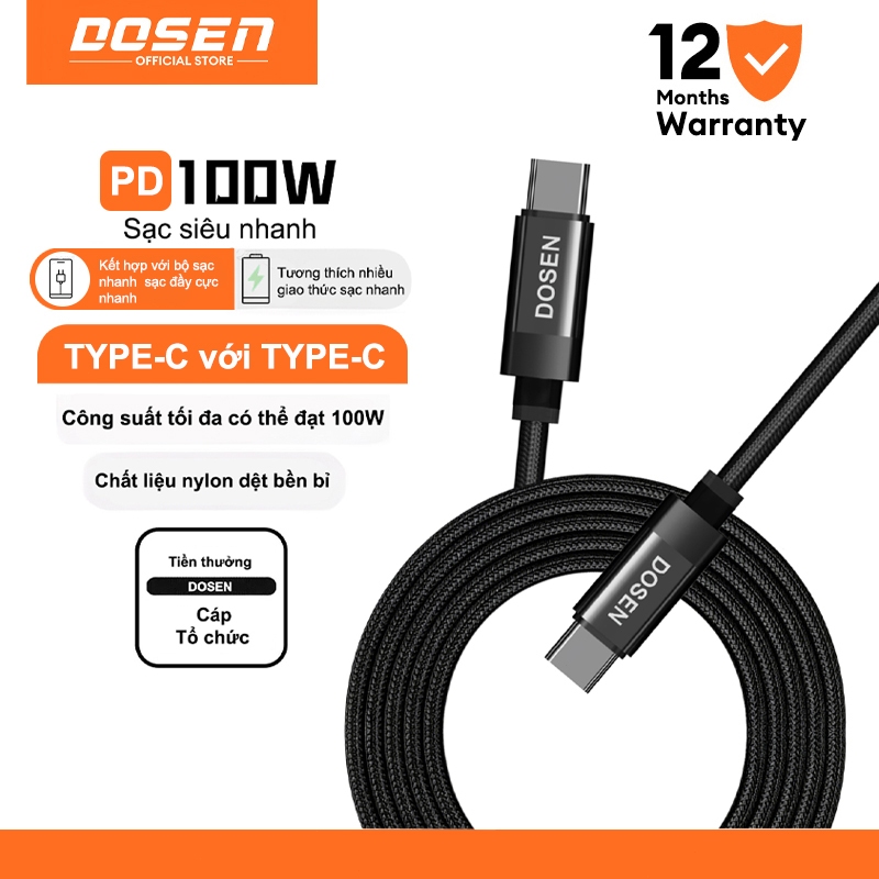 DOSEN PRO Dây cáp sạc nhanh PD 100W từ Type-C sang Type-C 6A tiện dụng cho Phone 15 Macbook Pro iPad Xiaomi Samsung