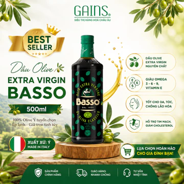 DẦU EXTRA VIRGIN OLIVE OIL BASSO 500ML – DẦU OLIVE NGUYÊN CHẤT CAO CẤP TỪ Ý