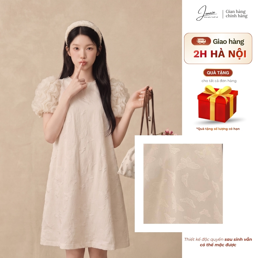[Bestseller] Váy Bầu Đầm Bầu Jeyme Thiết Kế Tay Phồng Phối Ren Cổ Đính Đá Hàn Quốc - JN001