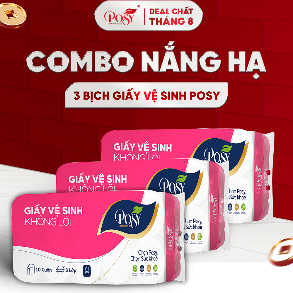 [COMBO NẮNG HẠ] - Combo 3 bịch giấy vệ sinh POSY 10 cuộn 3 lớp có lõi/ không lõi mềm mịn, dễ tan trong nước