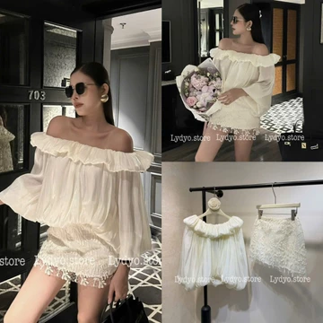 Set váy đầm áo trễ vai quây cúp ngực, phối chân váy ren trắng áo trễ vai cổ thuyền vải tơ óng sexy dự tiệc cưới sang