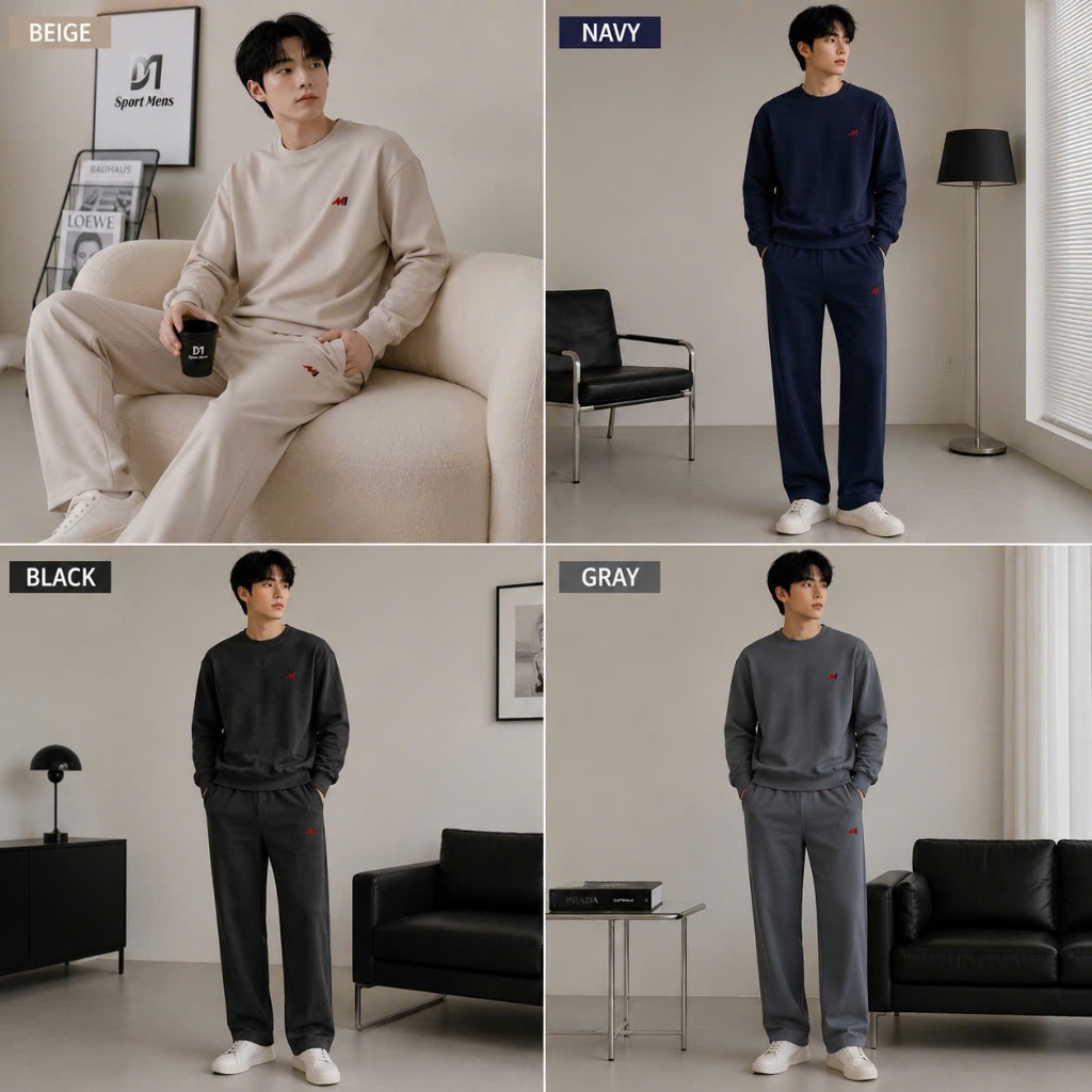 Bộ Quần Aó Dài Tay Cổ Tròn Thu Đông Logo Chữ M Hàng VNXK Chất Vải Nỉ 2 Da Cotton Dày Dặn Có Dây Rút