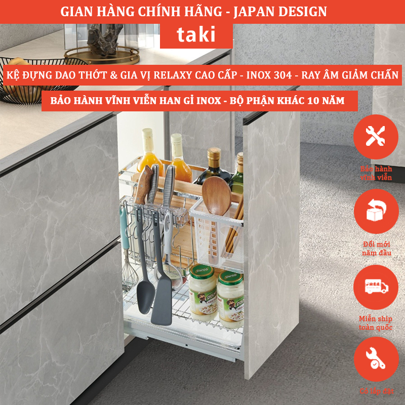 Giá Kéo Dao Thớt, Gia Vị Tủ Bếp Hiệu RELAXY CAO CẤP- INOX 304 - Ray Âm Giảm Chấn - Bảo Hành Viễn Viễn - Có Thợ Lắp