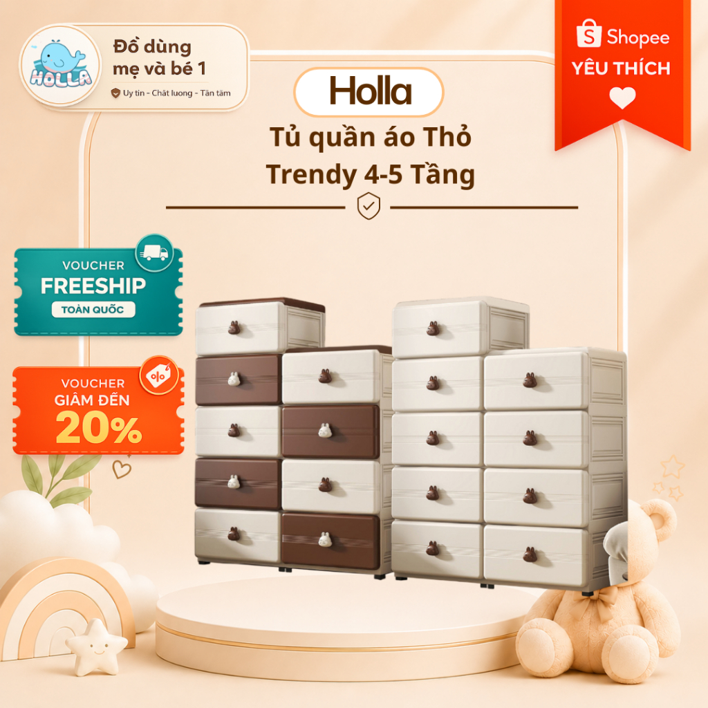 Tủ đựng quần áo Thỏ Holla 4 - 5 tầng đáng yêu trendy (có bánh xe) di chuyển linh hoạt