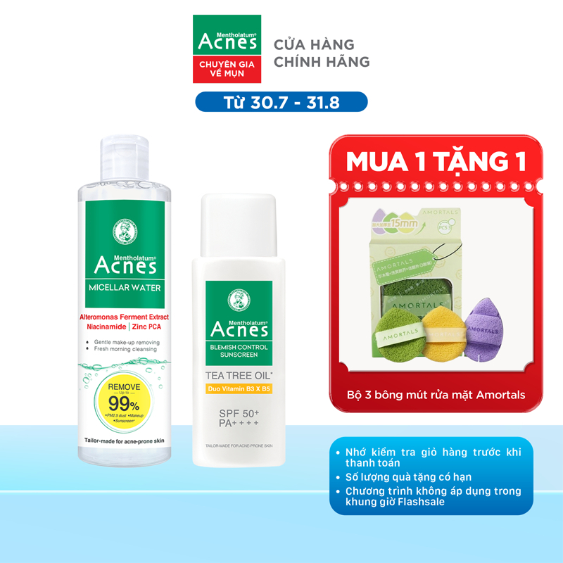 Combo làm sạch, chống nắng hiệu quả cho da mụn, da nhạy cảm Acnes (Nước tẩy trang 200ml + Sữa chống nắng 50ml)