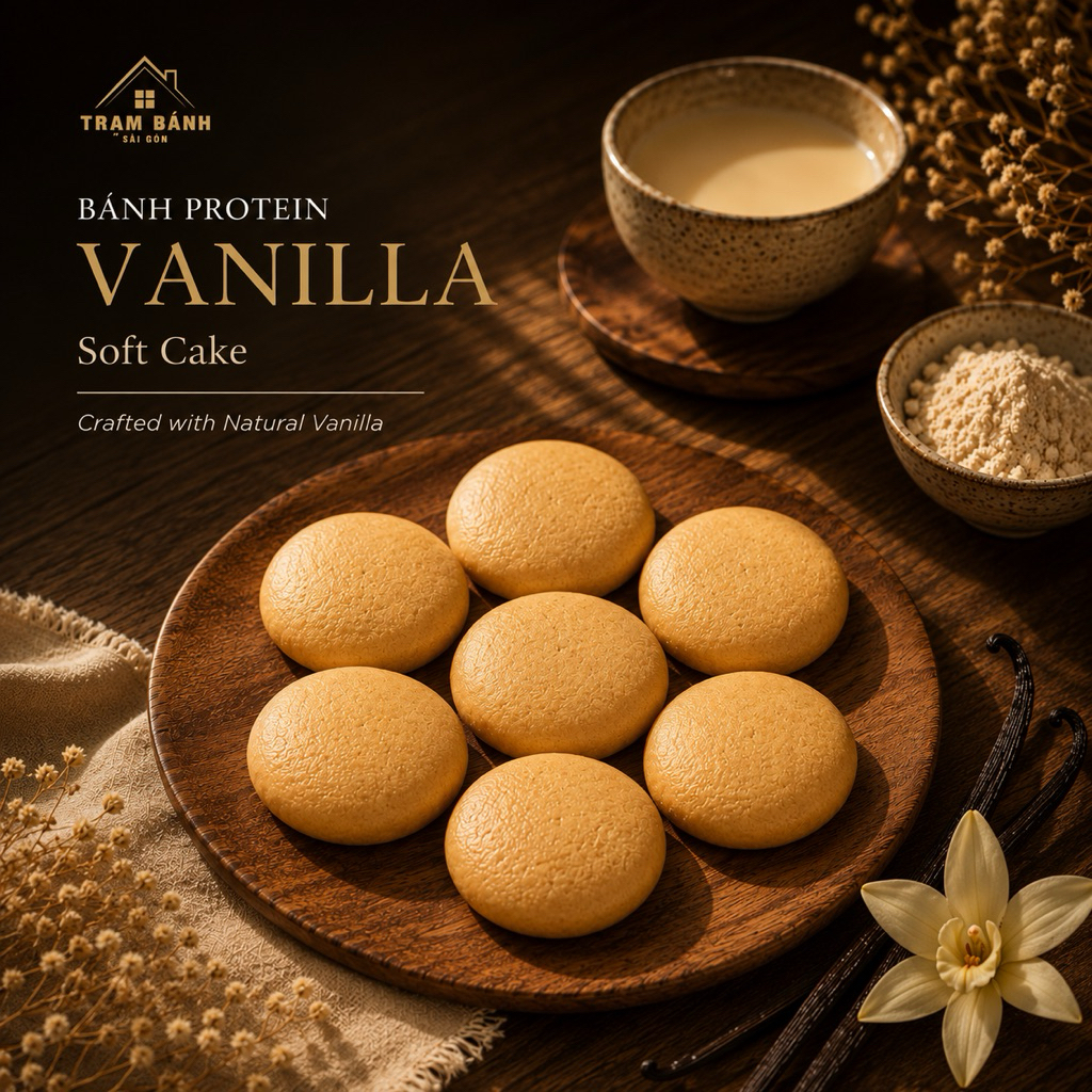 Bánh Protein Vanilla – Thơm Dịu Vani, Mềm Ẩm, Ít Ngọt, Phù Hợp Với Người Tập Luyện, Bận Rộn, Lành Mạnh, Healthy