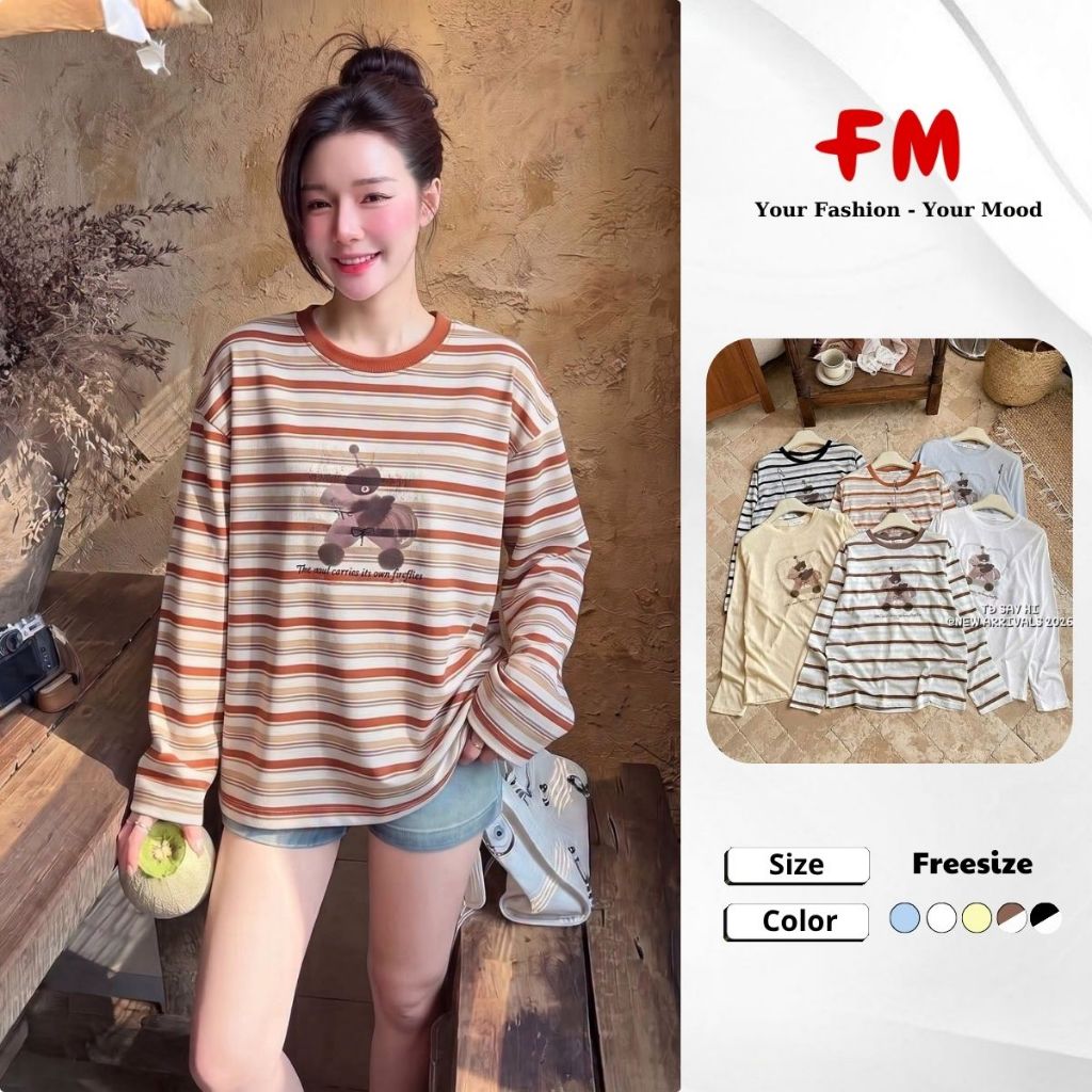 Áo Thun Giấy Form Rộng Nữ FMSTYLE - Tay Dài Gấu Ngồi Ngựa Phong Cách Hàn Quốc Dễ Thương 26070920