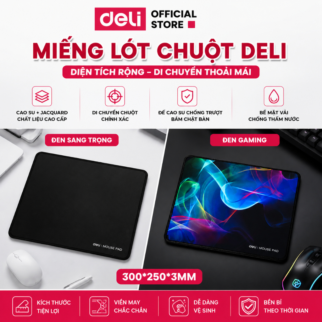 Miếng Lót Chuột Deli 25*30cm Chuyên Cho Phòng Game, Văn Phòng, Dày 3mm, Chống Nước
