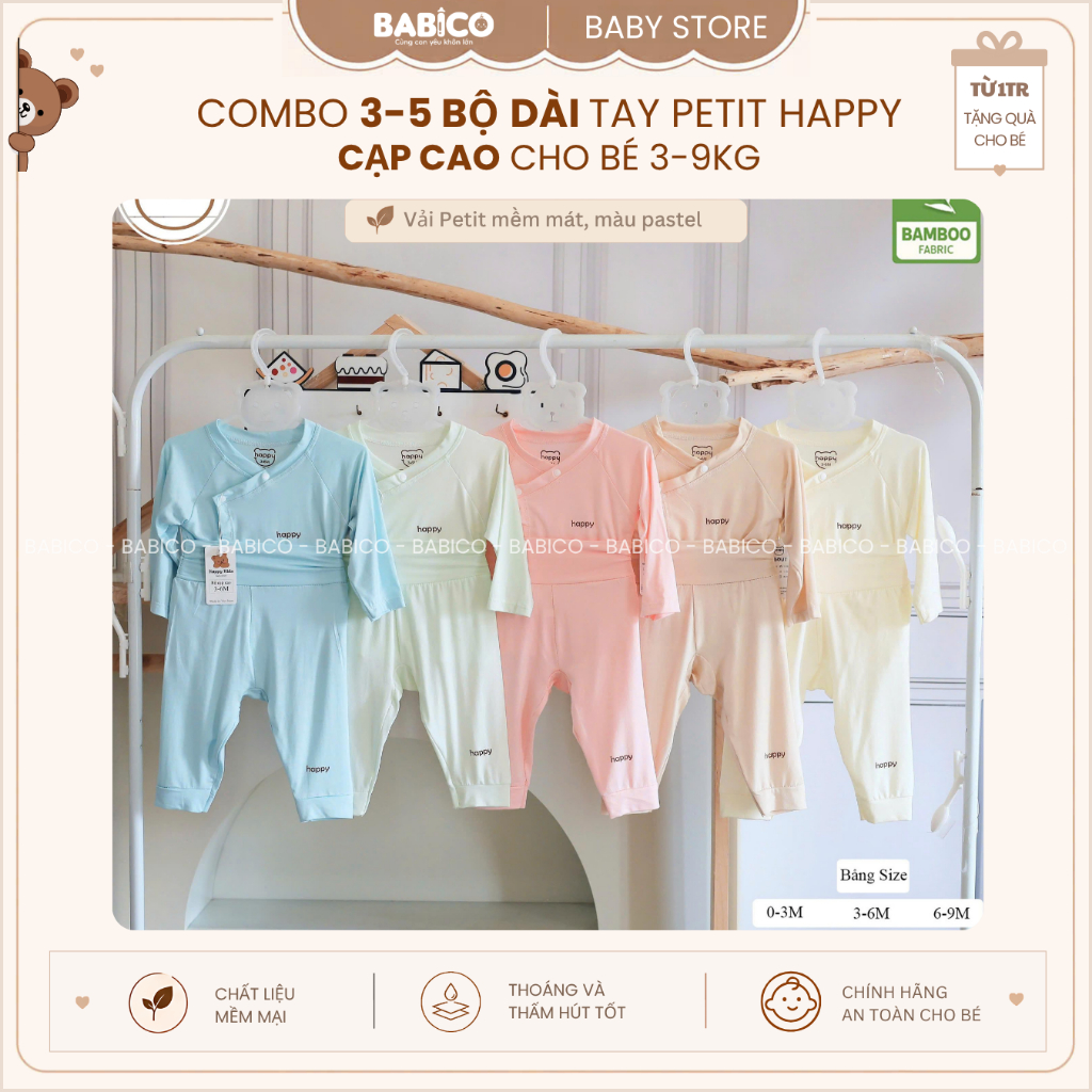 Combo 3-5 Bộ Quần Áo Sơ Sinh Dài Tay Happy Cạp Cao Màu Chất Vải Petit Bamboo Mềm Mát Cho Bé 3-9Kg