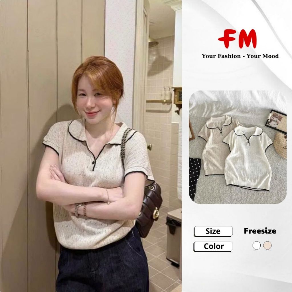 Áo Dệt Kim Nữ FMSTYLE Tay Ngắn Cổ Sen Viền Đen 1 Nút Áo Kiểu Hàn Quốc Thanh Lịch 26070937