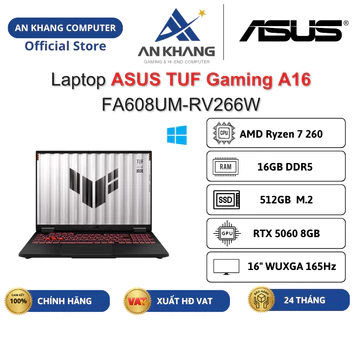 Laptop ASUS TUF Gaming A16 FA608UM-RV266W (R7 260/ 16GB/ 512GB SSD/ RTX5060/ 16" FHD+165Hz/ Win 11) Chính hãng BH 24Th