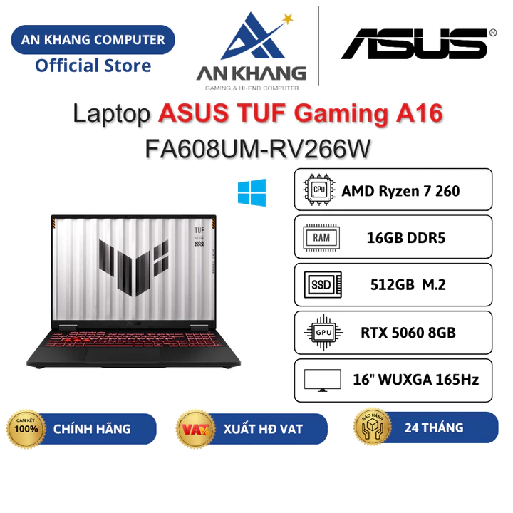 Laptop ASUS TUF Gaming A16 FA608UM-RV266W (R7 260/ 16GB/ 512GB SSD/ RTX5060/ 16" FHD+165Hz/ Win 11) Chính hãng BH 24Th