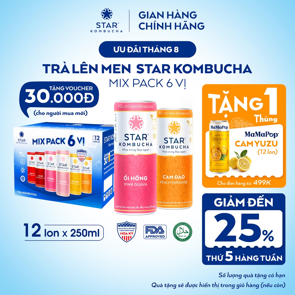 Thùng 12 Lon Trà Lên Men STAR KOMBUCHA Mix 6 Vị 250ml – Thức Uống Bổ Sung PROBIOTICS Tự Nhiên Từ Trà, SCOBY Và Thảo Mộc