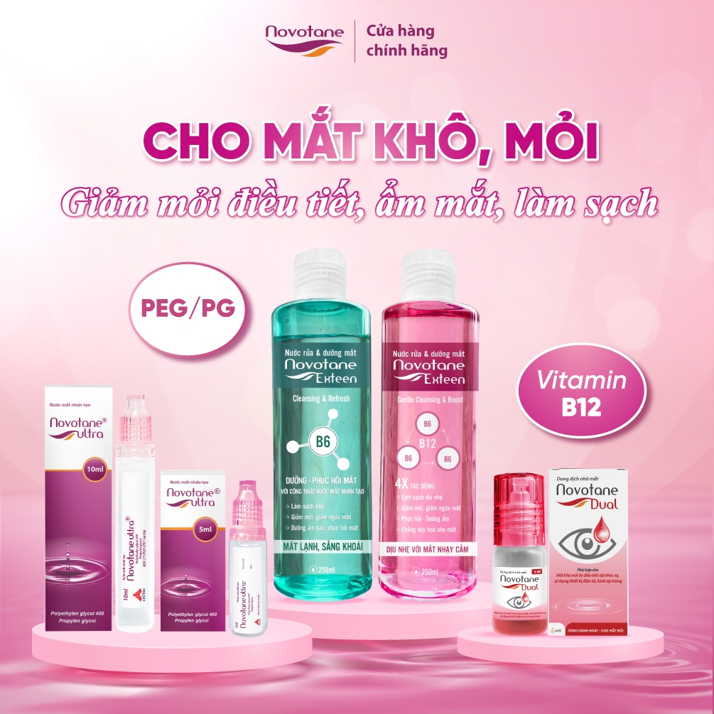 Combo nước mắt nhân tạo Novotane Ultra & nhỏ mắt Novotane Dual vitamin B12 & Rửa mắt Exteen giảm mỏi điều tiết, dưỡng ẩm