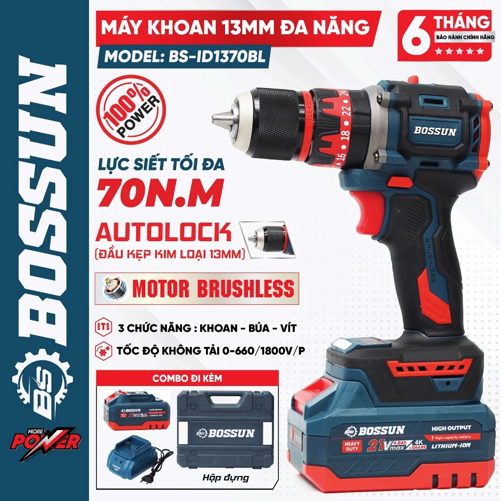 Máy khoan pin BOSSUN BS-ID1370BL, Không chổi than, 3 Chức năng, Đầu kẹp Autolock 13mm