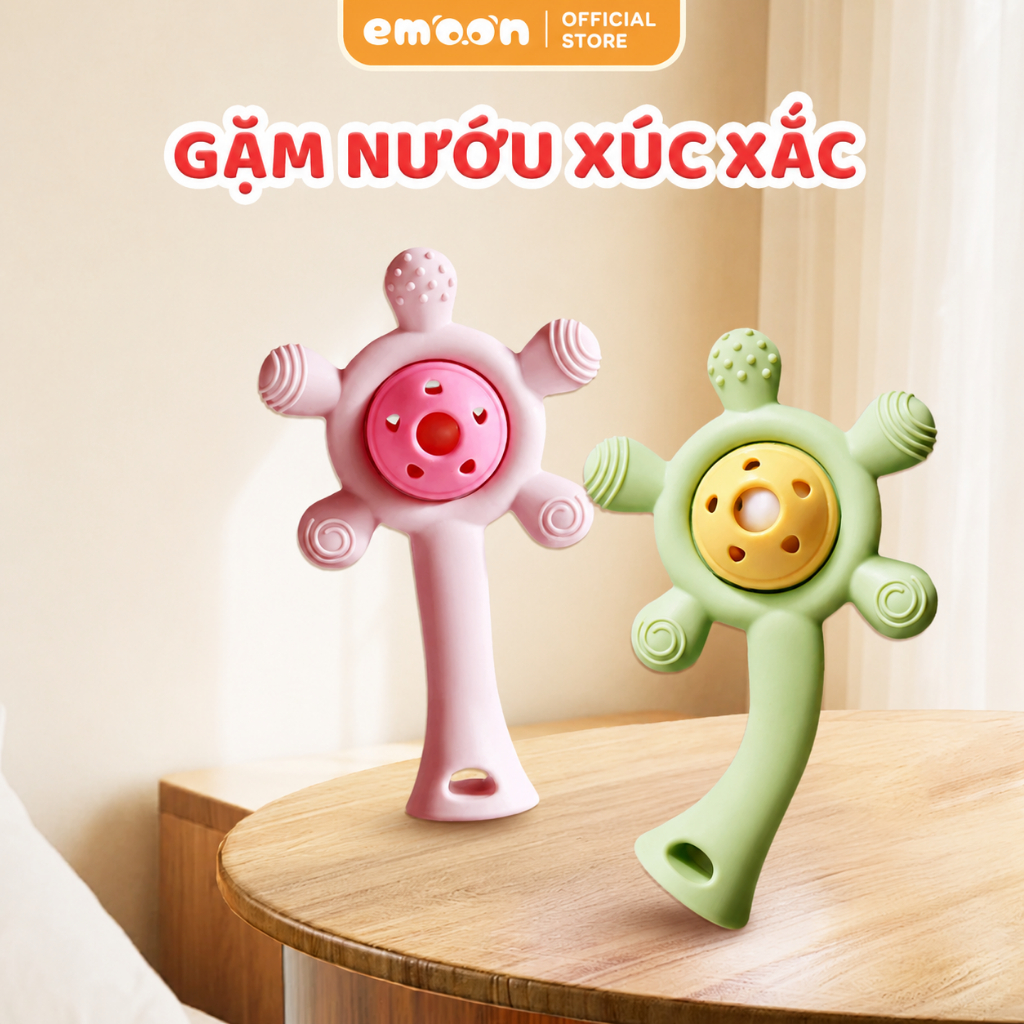 Đồ chơi gặm nướu xúc xắc cho bé Emoon Silicone bạch kim, kháng khuẩn hỗ trợ khả năng cầm nắm cho bé