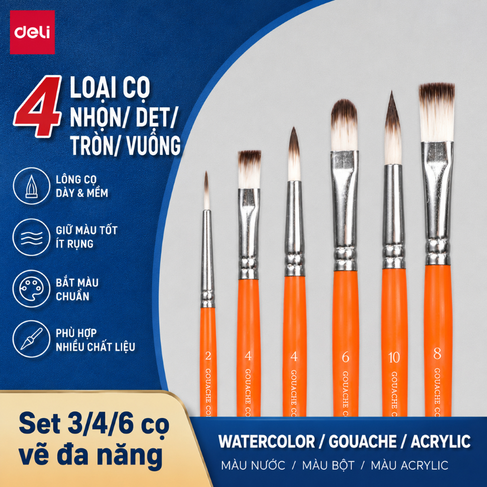 [MUA 3 GIẢM 30%] Set Cọ Vẽ Màu Nước Deli - Set 3/4/6 Cọ đầu Mềm Tán Màu u Dành Cho Học Sinh Sinh Viên Mỹ Thuật