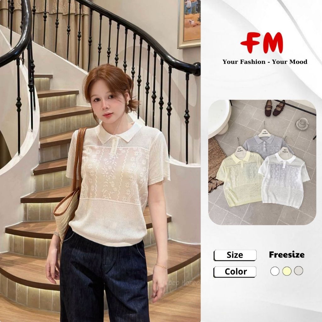 Áo Polo Nữ Dệt Kim Tay Ngắn FMSTYLE Họa Tiết Hoa Form Đẹp Nữ Tính Mặc Đi Làm Đi Chơi 26070935