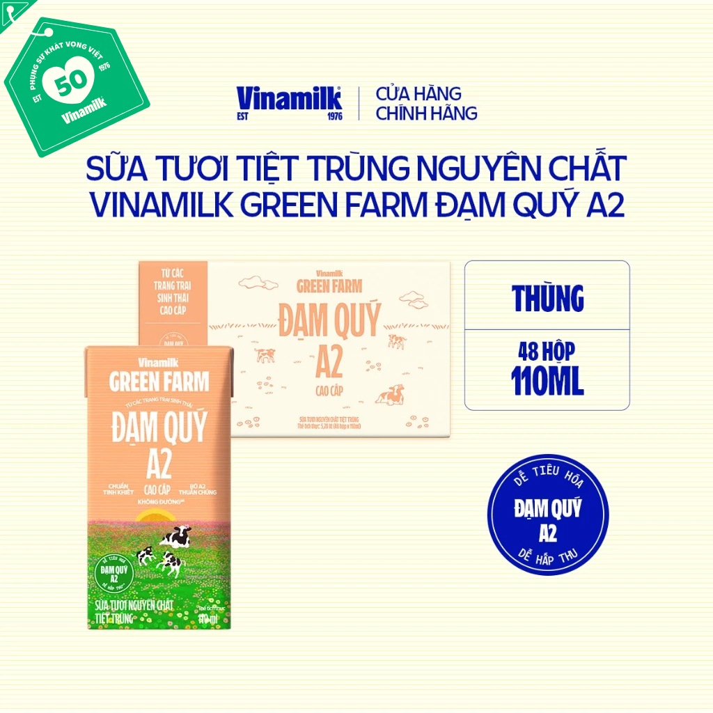 Thùng 48 hộp Sữa tươi Nguyên chất Tiệt trùng Vinamilk Green Farm A2 Không Đường 110ml