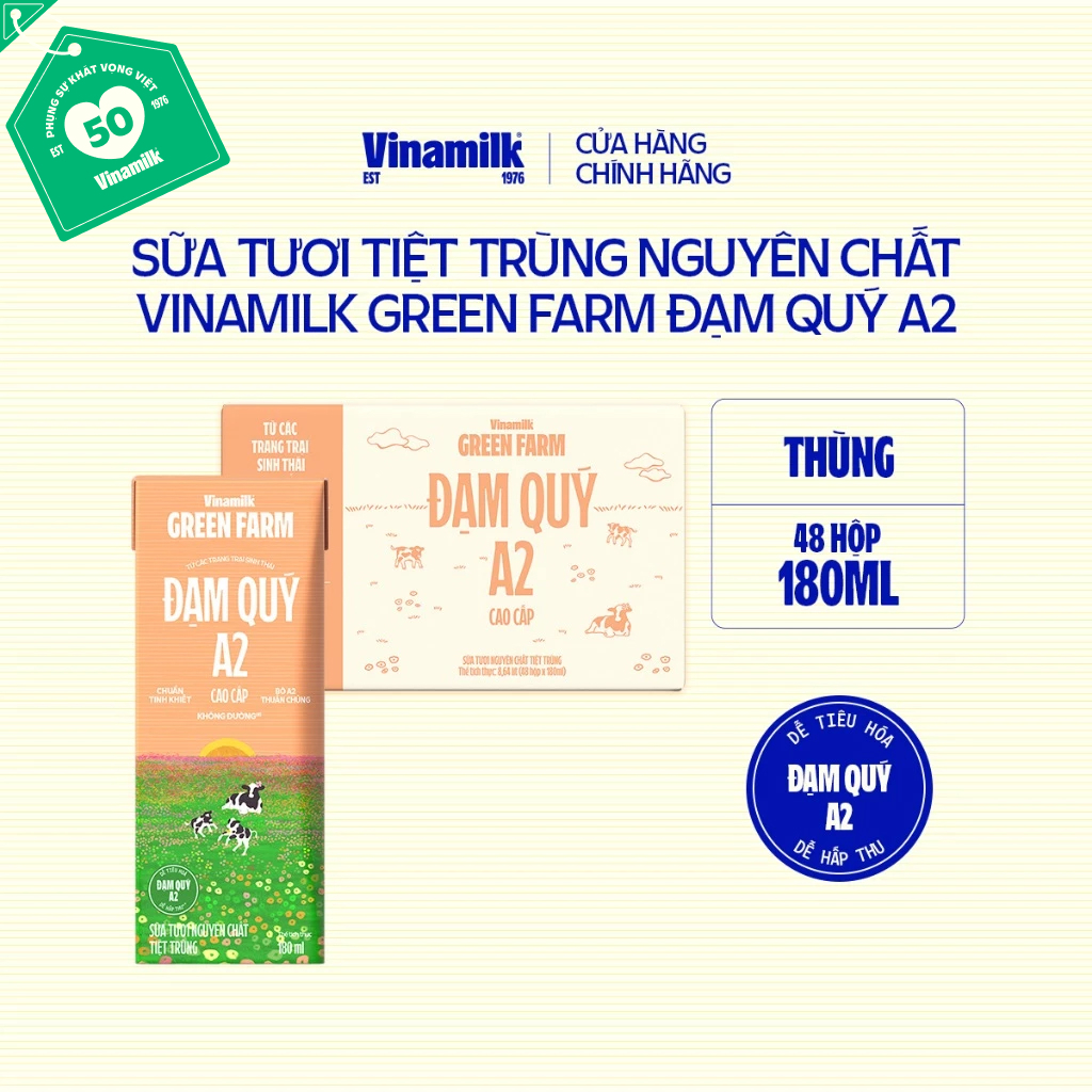 Thùng 48 hộp Sữa tươi Nguyên chất Tiệt trùng Vinamilk Green Farm A2 Không Đường- 180ml