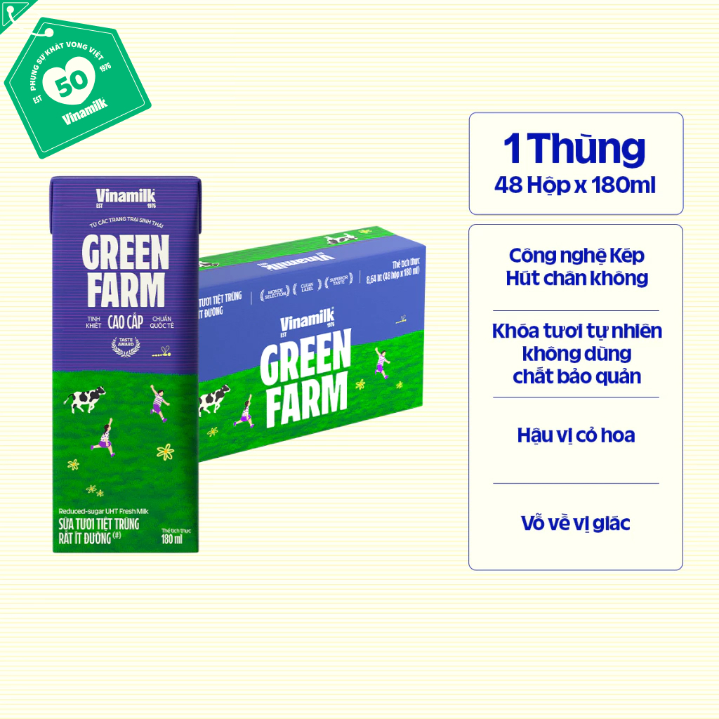 Thùng 48 Hộp Sữa Tươi Tiệt Trùng Vinamilk Green Farm Rất ít đường 180ml