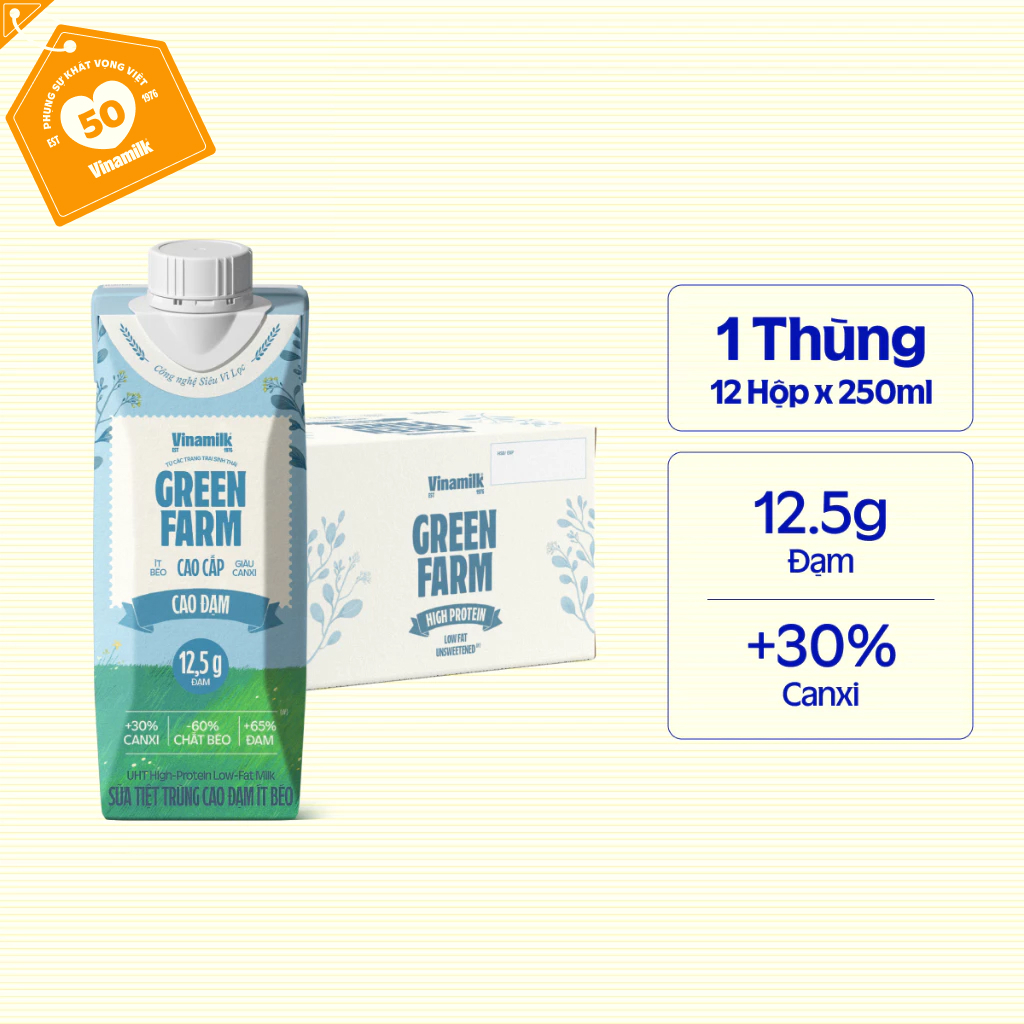 Thùng 12 hộp Sữa tươi Vinamilk Green Farm cao đạm, không lactose - hộp 250ml