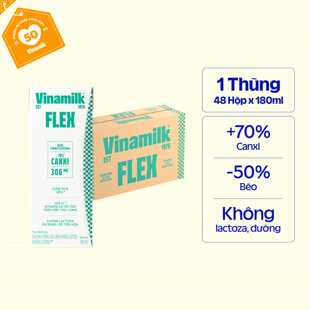 Thùng 48 Hộp Sữa Dinh Dưỡng Flex Giàu Canxi Không Lactoza 180ml[ Có thể nhận bao bì cũ/mới]