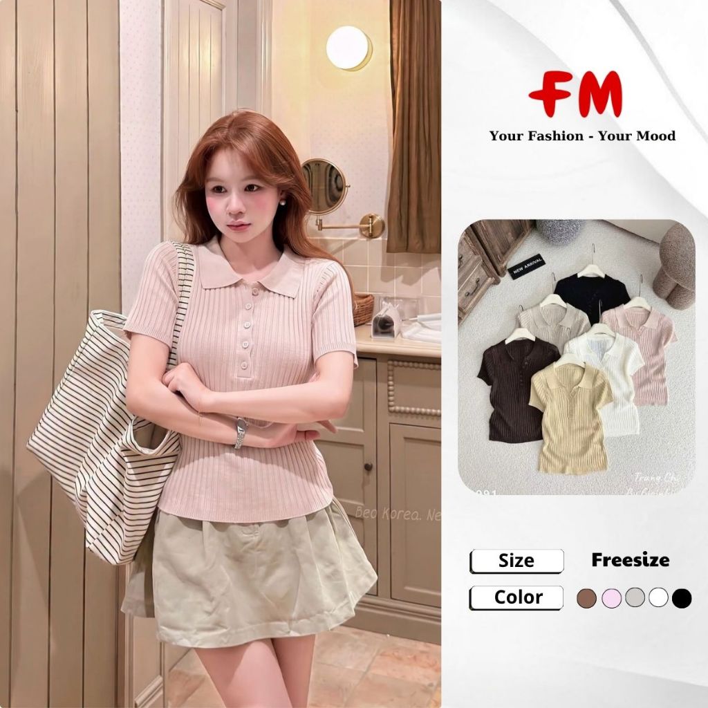 Áo Dệt Kim Tay Ngắn Nữ FMSTYLE - Áo Polo Cổ V Gân 7 Nút Tôn Dáng Dễ Phối Đồ 26070943