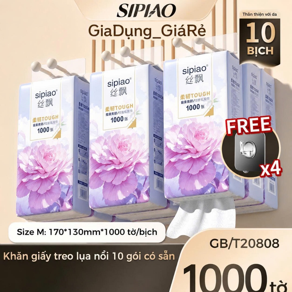 [Thùng 10 Bịch] Giấy Ăn Rút Treo Tường SIPIAO Hoa Mẫu Đơn Tím, Khăn Giấy Ăn 4 Lớp, Bịch/1000 Tờ Tặng Kèm 4 Móc Treo