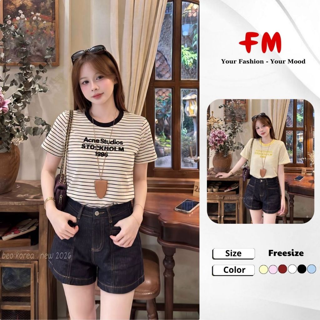 Áo Thun Nữ FMSTYLE Kẻ Sọc Cổ Tròn Tay Ngắn, In Chữ ACNE STUDIOS Form Basic 26070902