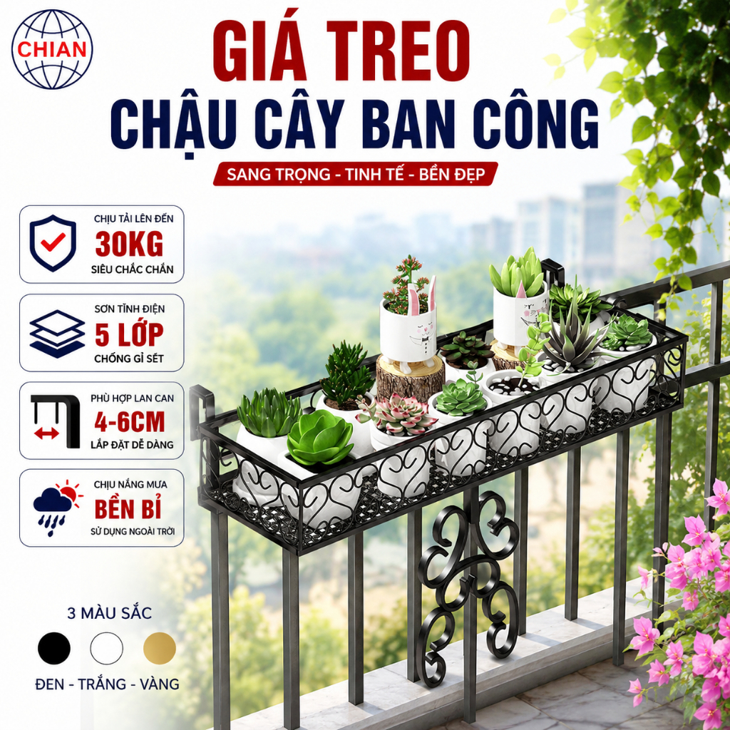 Giá Treo Chậu Cây Ban Công 60cm - Kệ Đỡ Chậu Hoa Lan Can Thép Carbon Sơn 5 Lớp Chịu Tải 30kg CHIAN