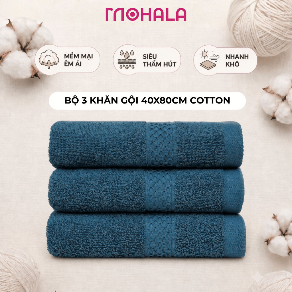 Bộ 3 Khăn 40x80 Mohala Chất Liệu Cotton Mềm Mại, Êm Ái, Thấm Hút Tốt, Không Ra Màu.